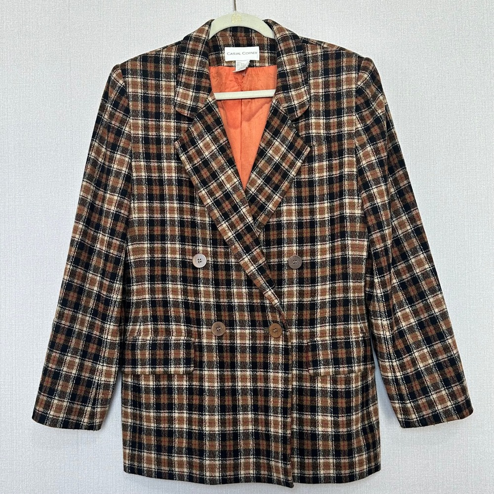 Vintage 90s Wool Brown Beige Plaid Double Breasted Blazer Jacket Womens Size 12
